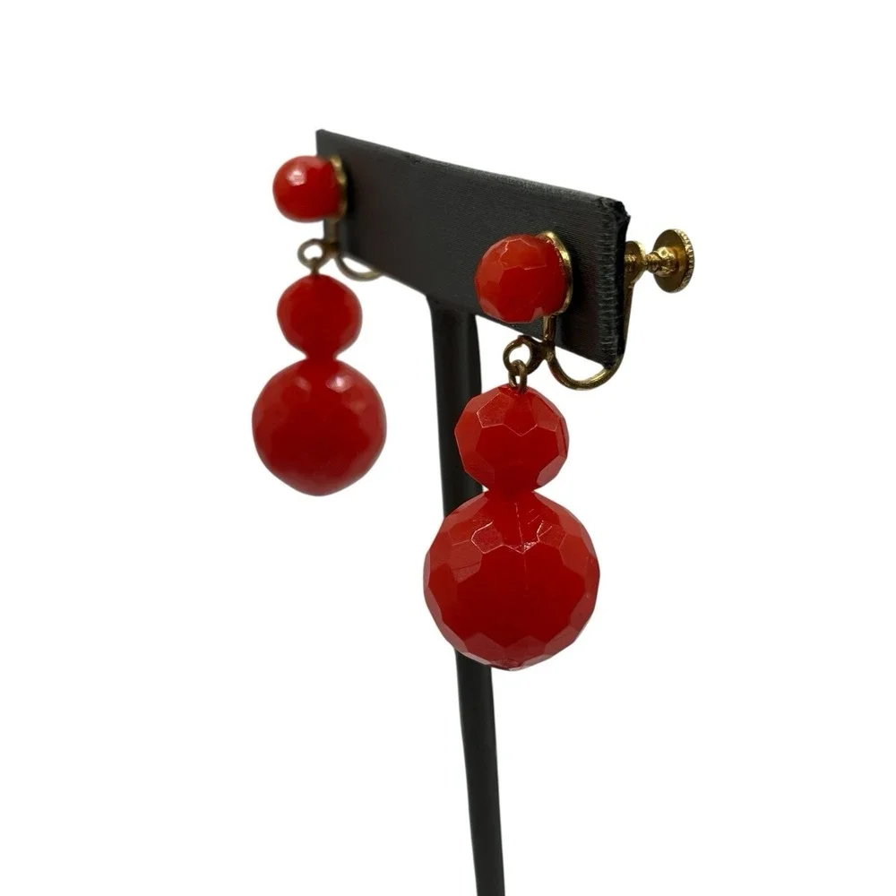 Cherry Red Faceted Bead Earrings Screw Back MCM Drop‎ Dangle VTG 50's Plastic